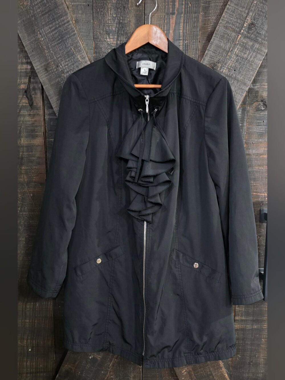 CJ Banks Classic Black Ruffle Front Women's Rain Coat Size 1X